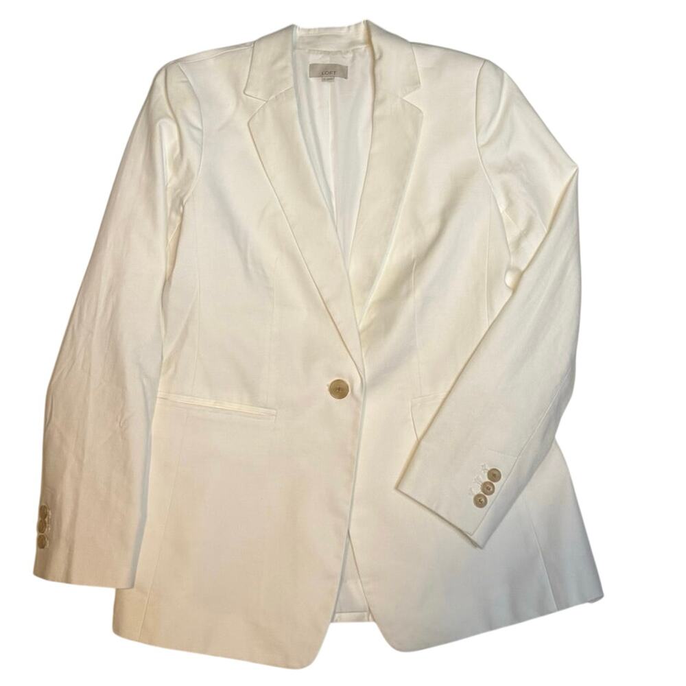 LOFT Ivory White Single Button Blazer Size 6 Cotton Rayon Lined Career Chic